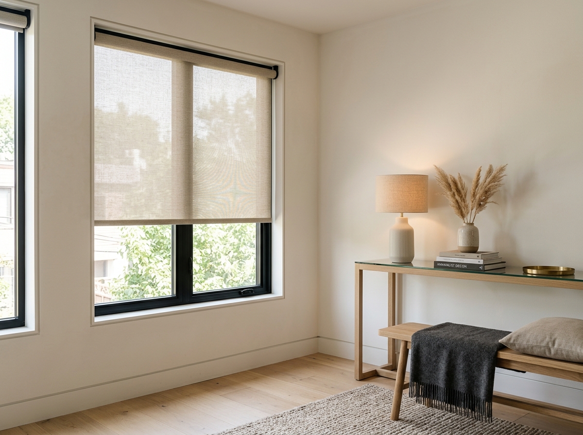 Minimalist neutral roller blinds fitted in a modern study window