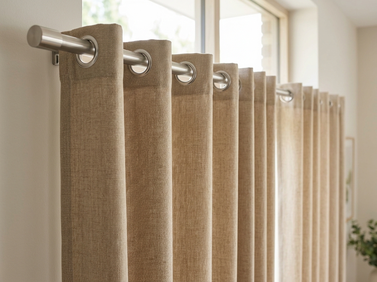 Tailored eyelet curtains with deep uniform folds on a sleek curtain rod