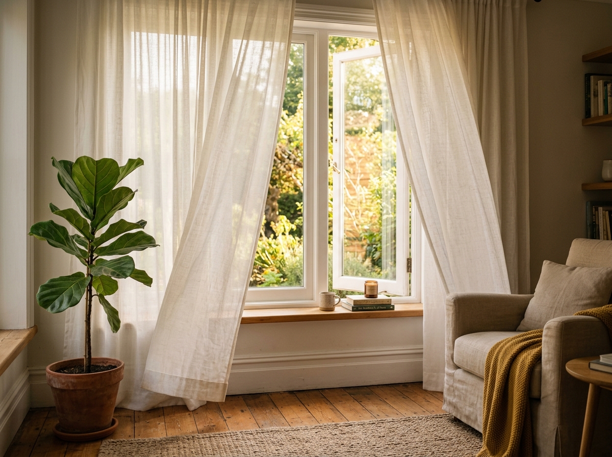 Lightweight sheer linen curtains gently filtering afternoon sunlight