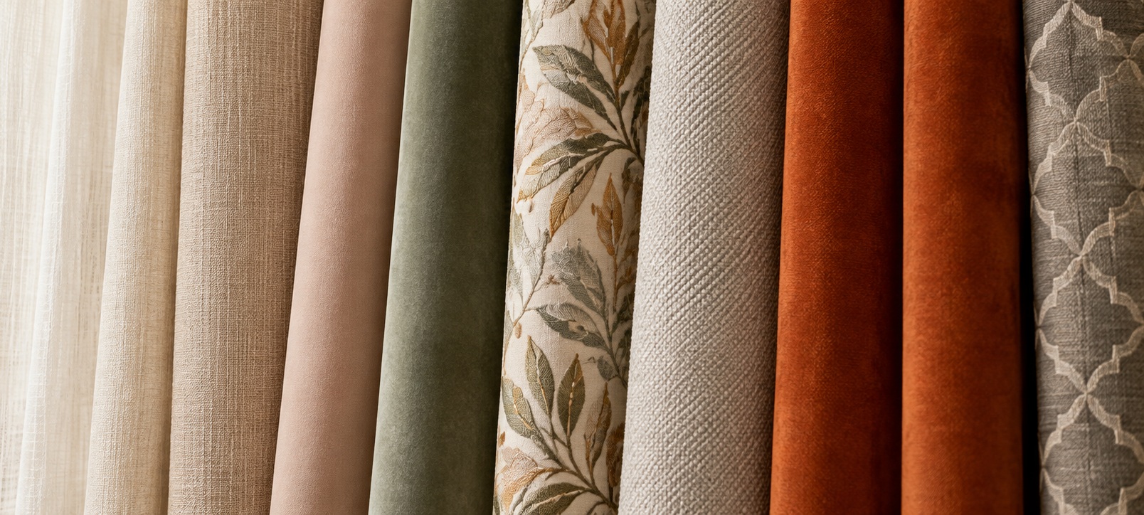 Collection of luxury curtain fabrics, woven textures, sheers, and color swatches