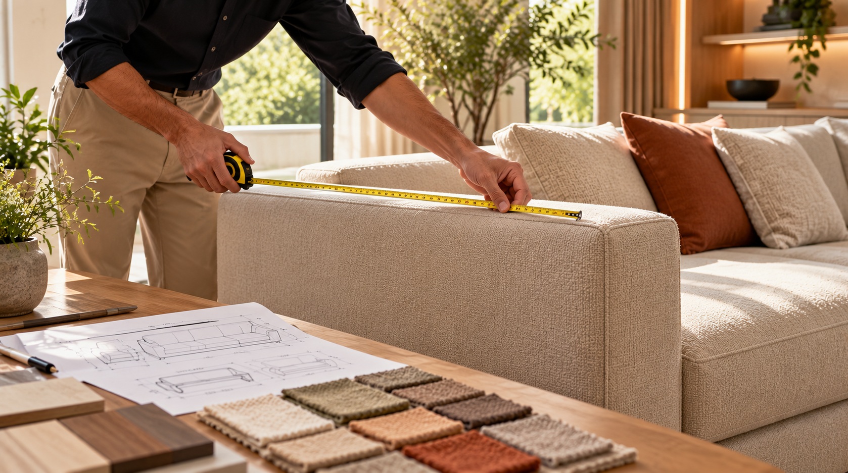 Craftsman measuring custom sofa cushion dimensions with measuring tape