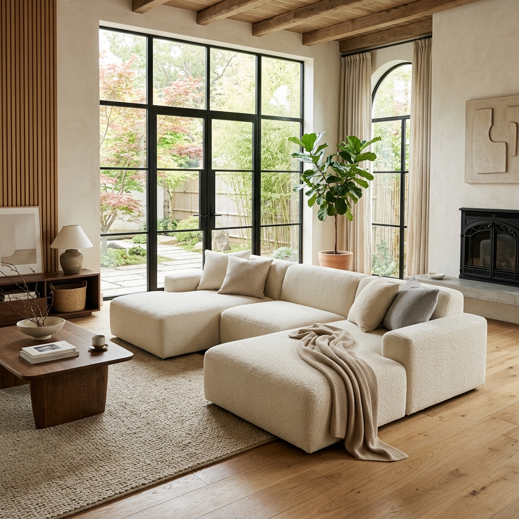 Furniverse signature luxury bouclé sofa in a contemporary minimalist living room