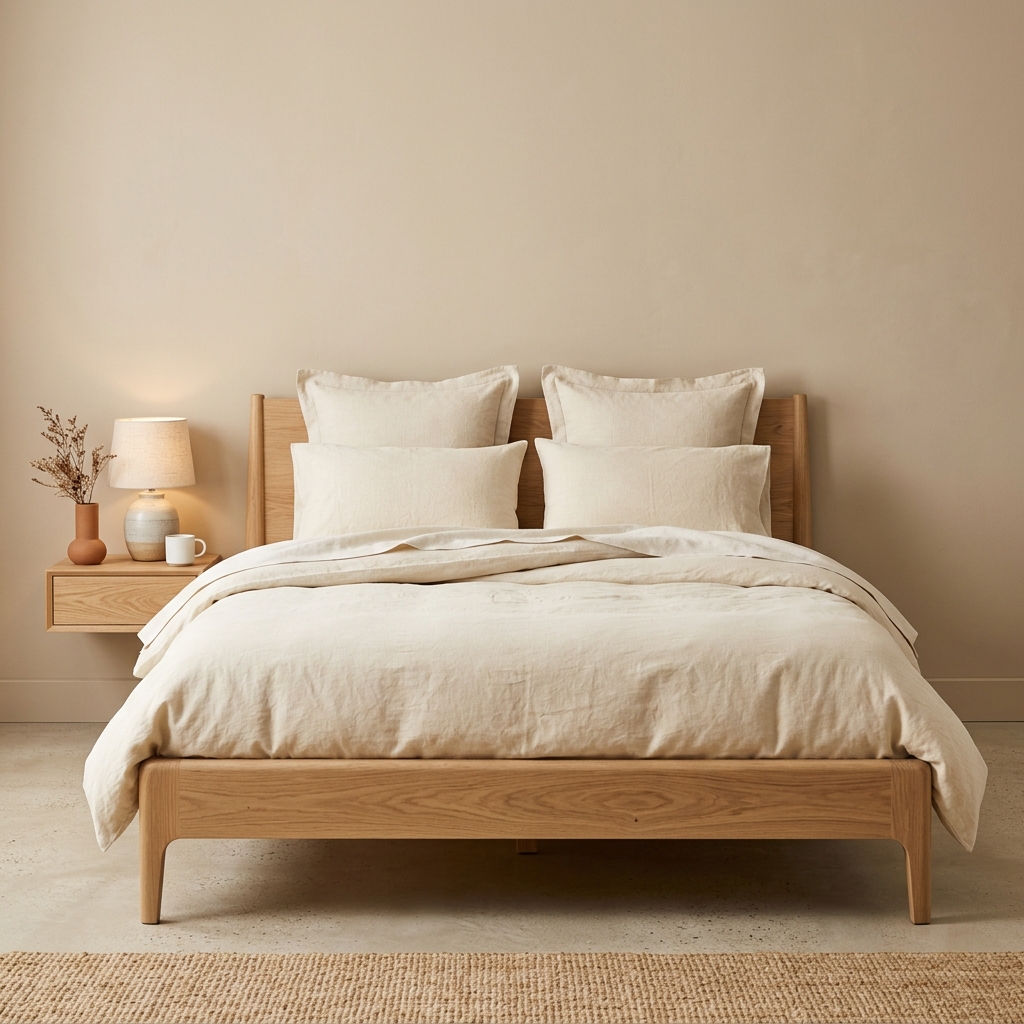 Minimalist bedroom with solid oak platform bed frame and linen bedding