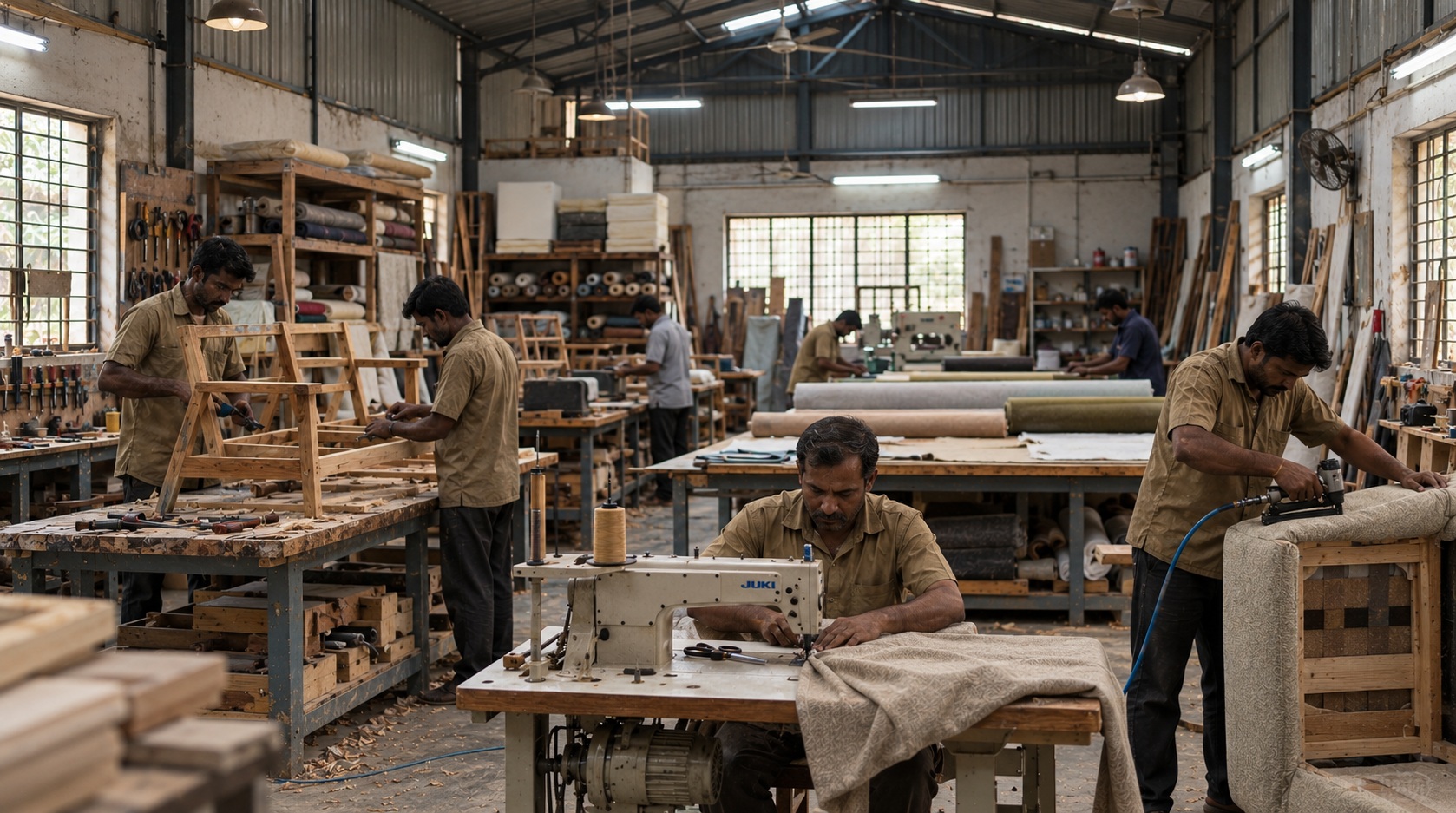 Skilled artisans tailoring and crafting bespoke sofas in our Bangalore manufacturing facility