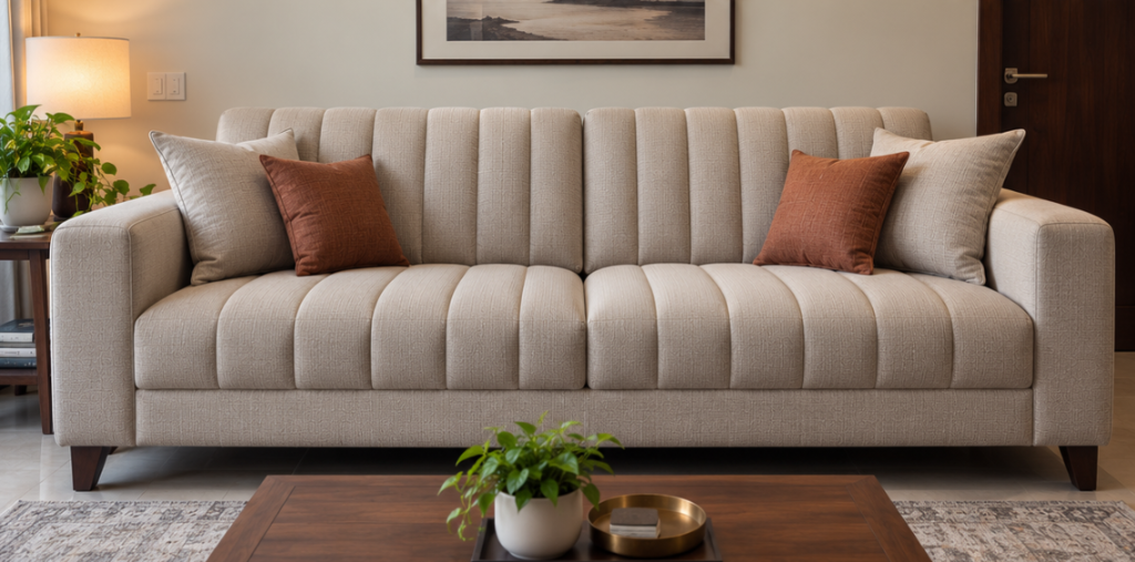 Renewed 3-seater sofa after reupholstery with tailored vertical channel tufting