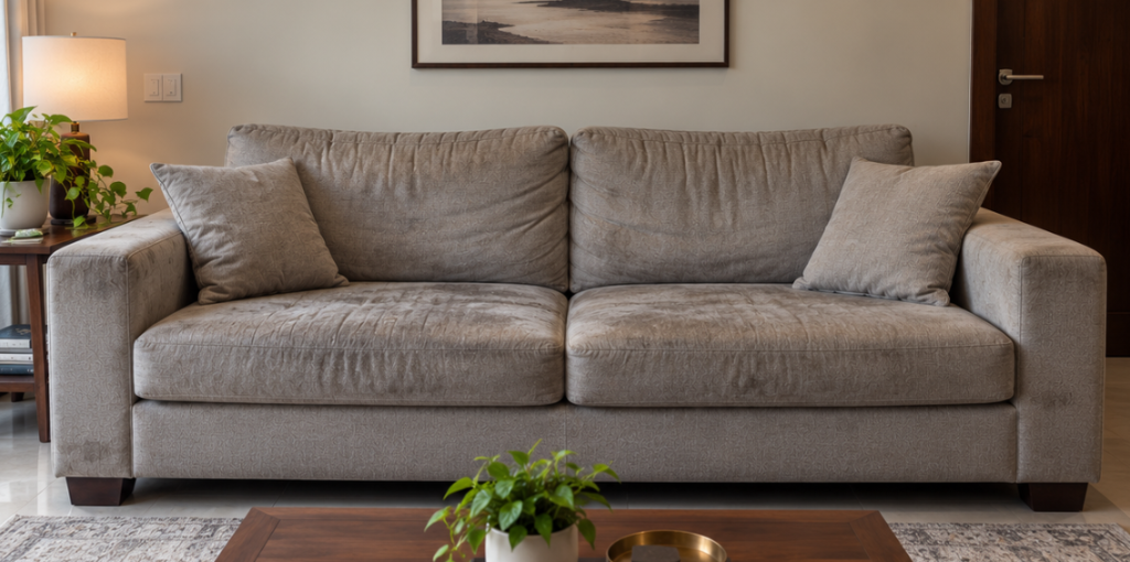 Worn 3-seater sofa before reupholstery with sagging cushions and faded fabric