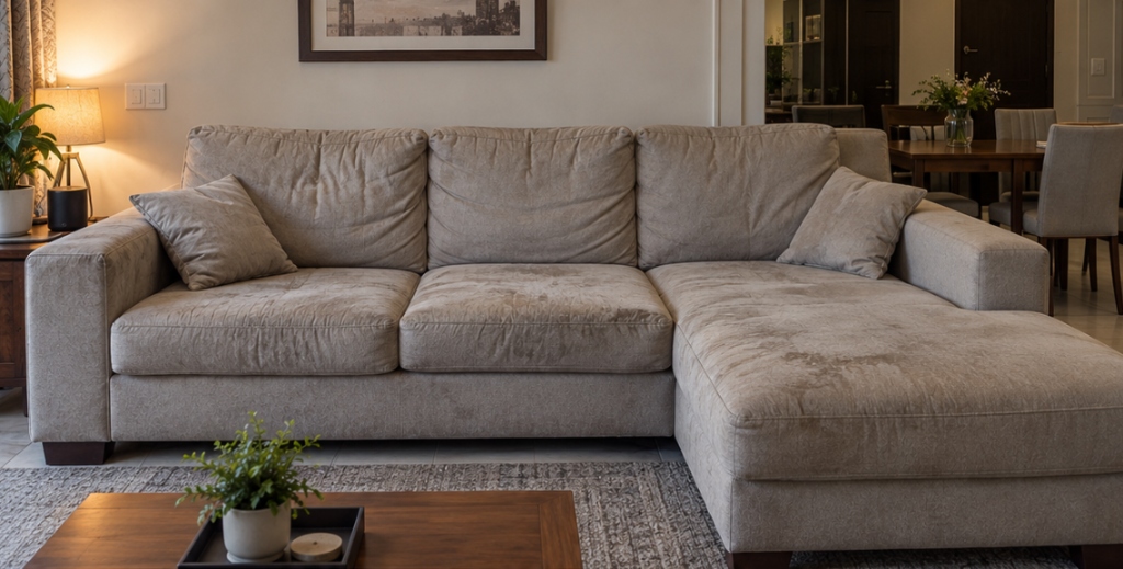 Worn L-shaped sectional sofa before reupholstery