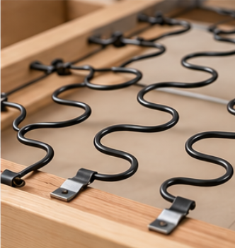 Steel S-shaped sinuous springs mounted on an internal wooden sofa frame