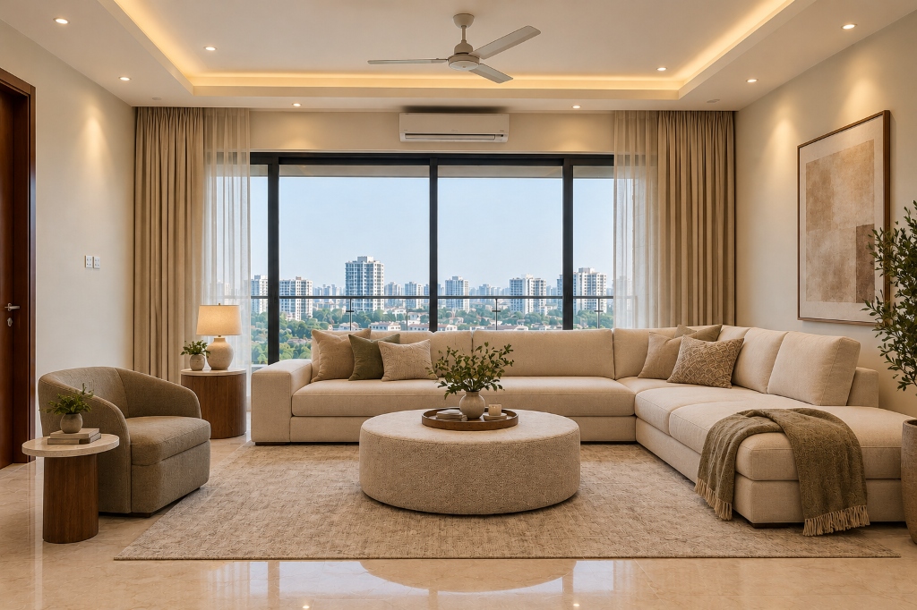 Furnished living room with modern sectional sofa, window treatments, coffee table, and warm interior styling